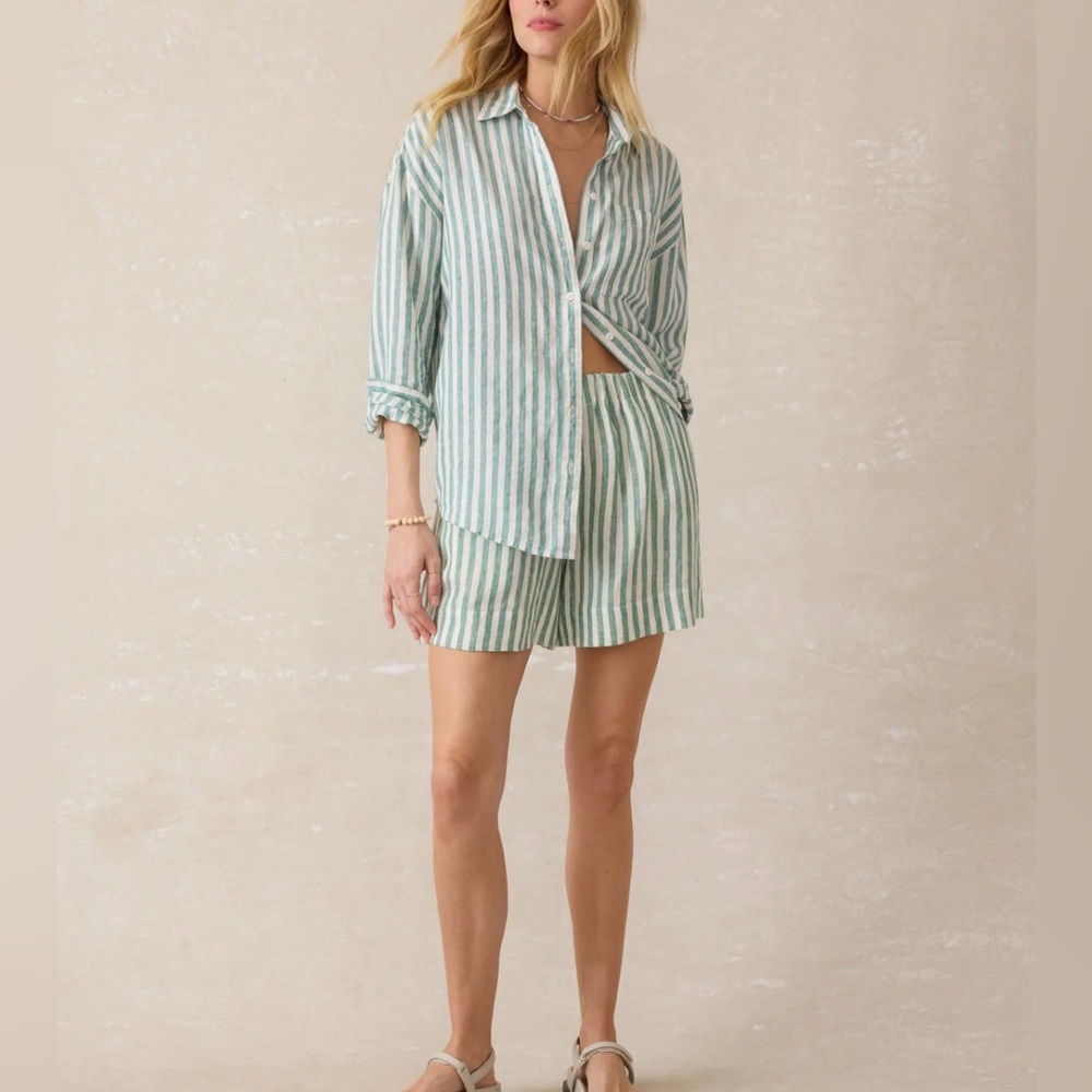Faherty Laguna Linen relaxed blouse green white stripe L